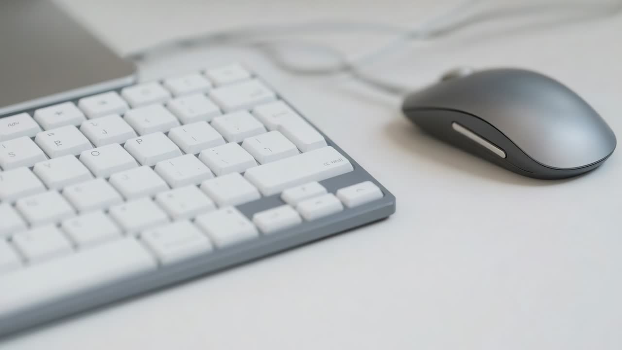 Pulling focus camera showing keyboard and silver wired mouse at home desk, revealing keycap detail