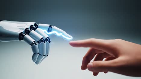 a pivotal moment: the connection between humanity and technology is visibly represented as a human hand reaches out to touch a robotic hand generating sparks