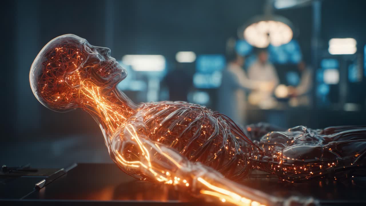 A Detailed Exploration of Human Anatomy Featuring a Semi-Transparent Skeleton Illuminated with Energetic Light, Set Against a Medical Background with Professionals Engaged in Research and Analysis