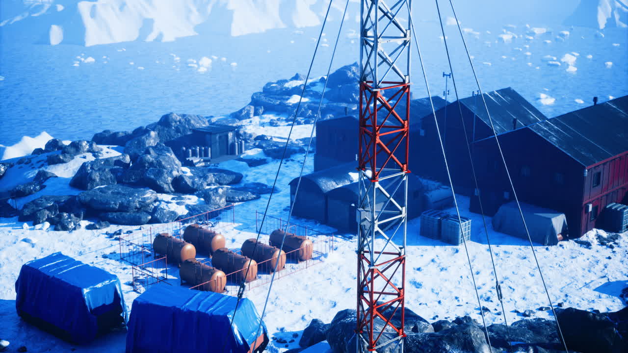 Polar research station under clear skies near ice covered coastline