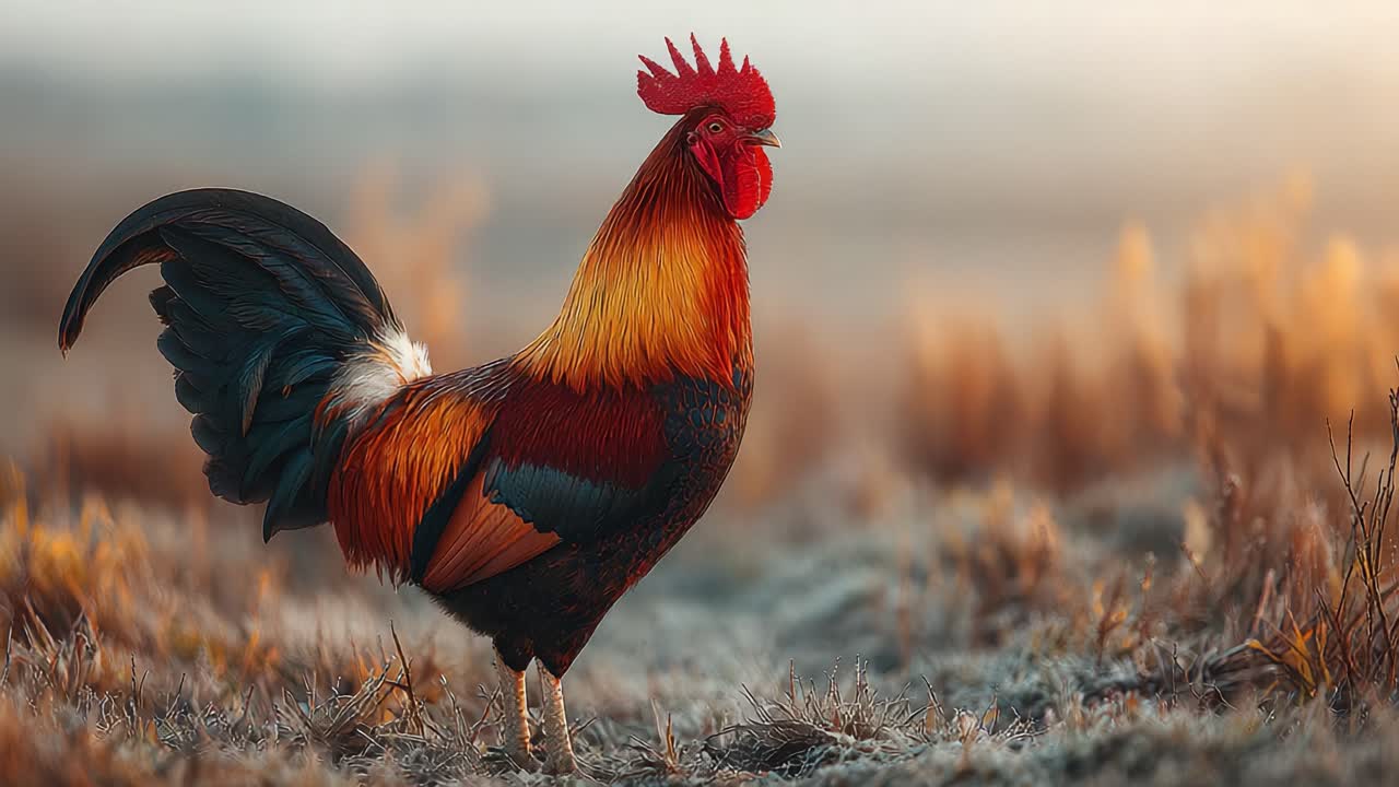 Gallo maestoso che si erge fiero in un paesaggio sereno al crepuscolo, mettendo in mostra piume vivaci e postura regale su uno sfondo morbido.