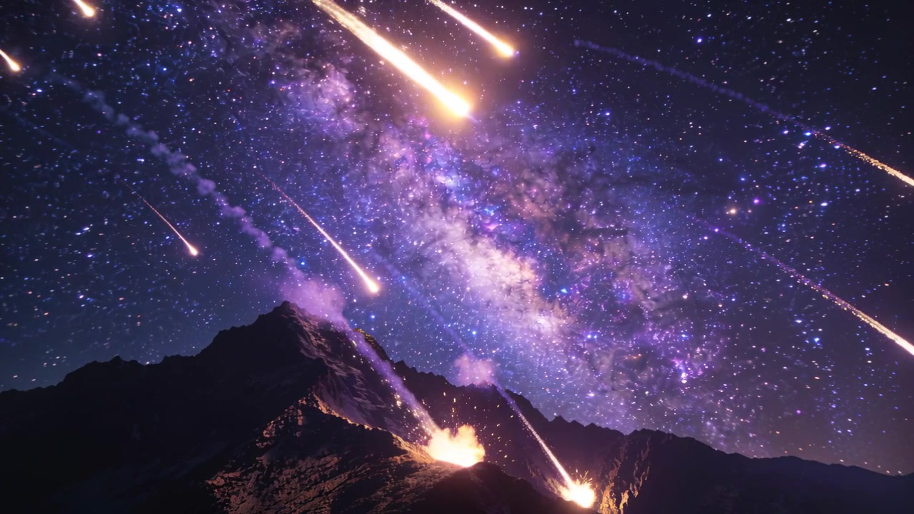 Striking fireball hitting summit sparking meteors streaking over ridge during shower, Milky Way