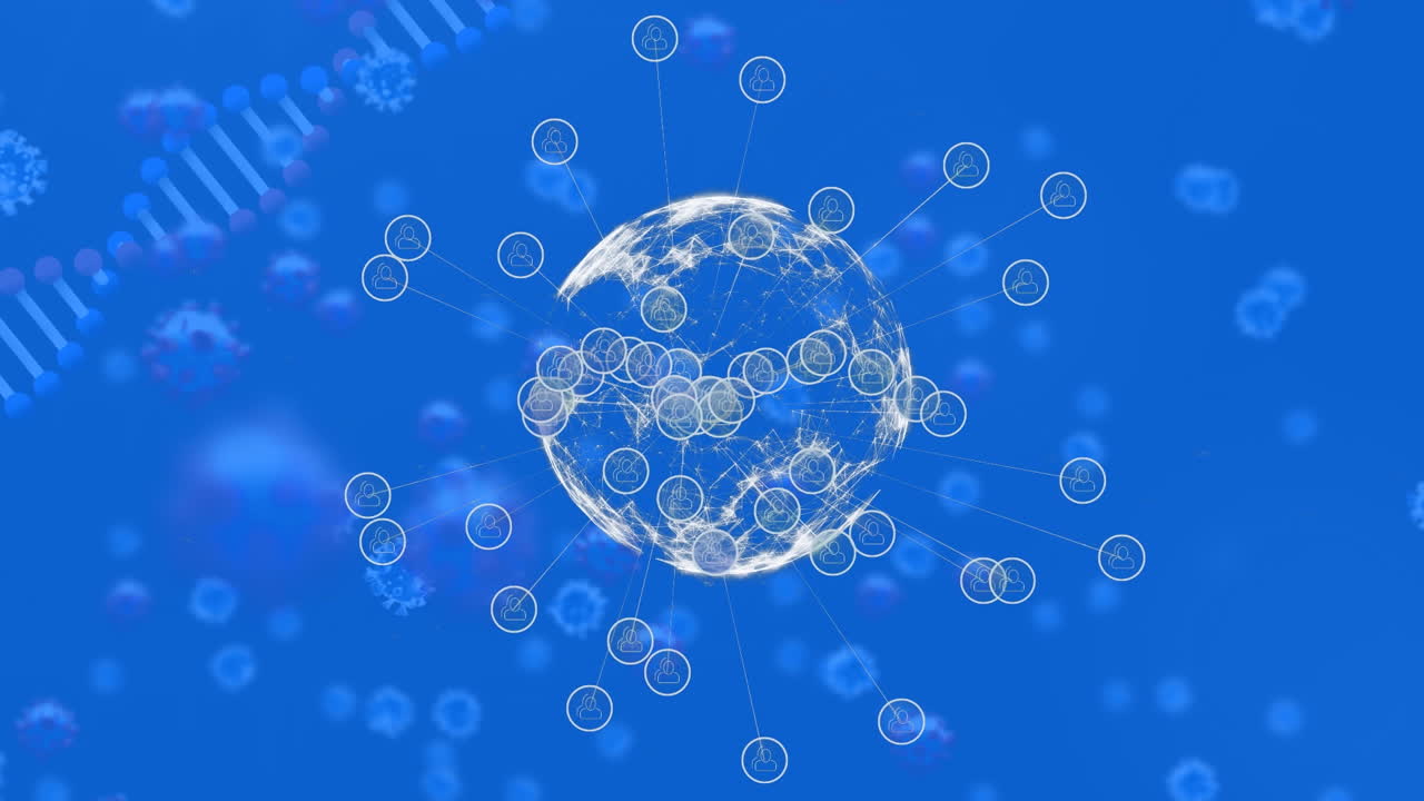 파란색 배경에 있는 지구상의 코로나19 세포의 dna 스트랜드 애니메이션