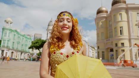 portrait of frevo dancer at the street carnival in recife, pernambuco, brazil.