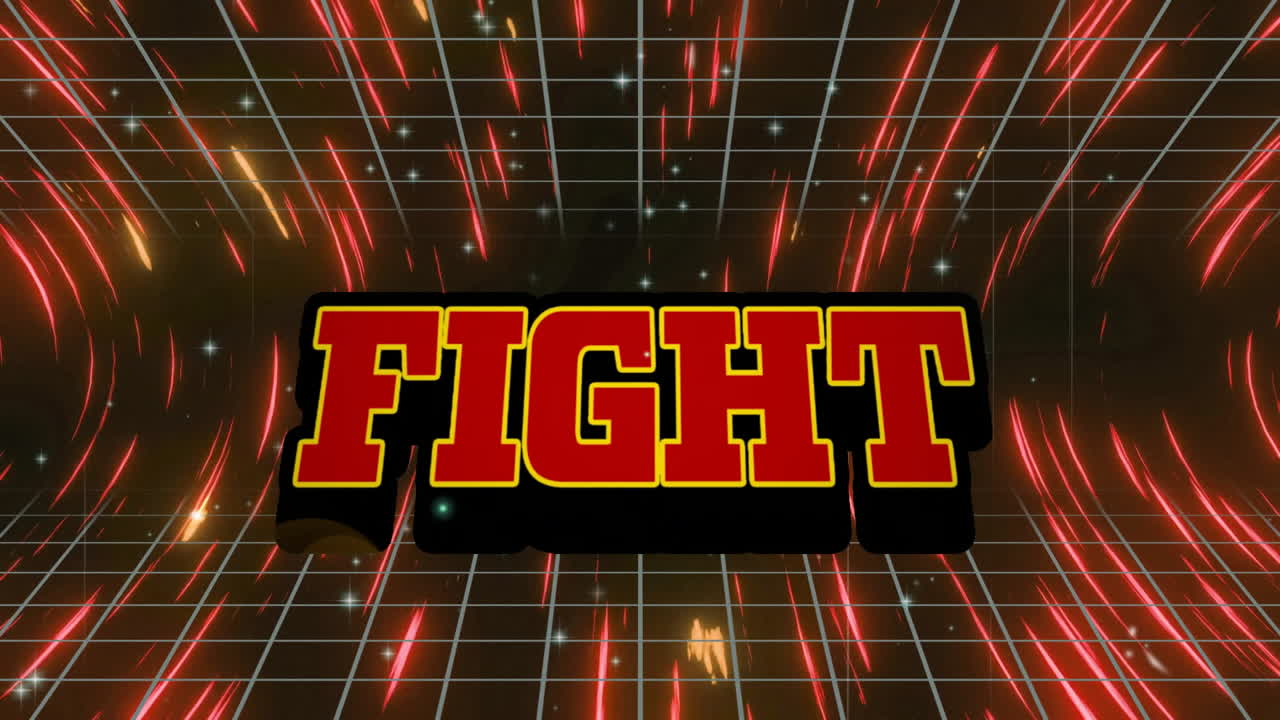 animación de texto de lucha sobre fondo de cuadrícula con rayas de luz rojas y amarillas