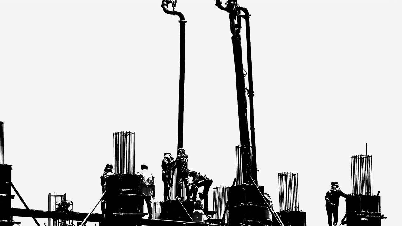 Silhouette stylized concept of construction workers on scaffolding working on industrial construction site directing cement pouring into casting mold