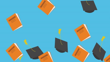 animación de gorras de graduación y libros que caen sobre un fondo azul