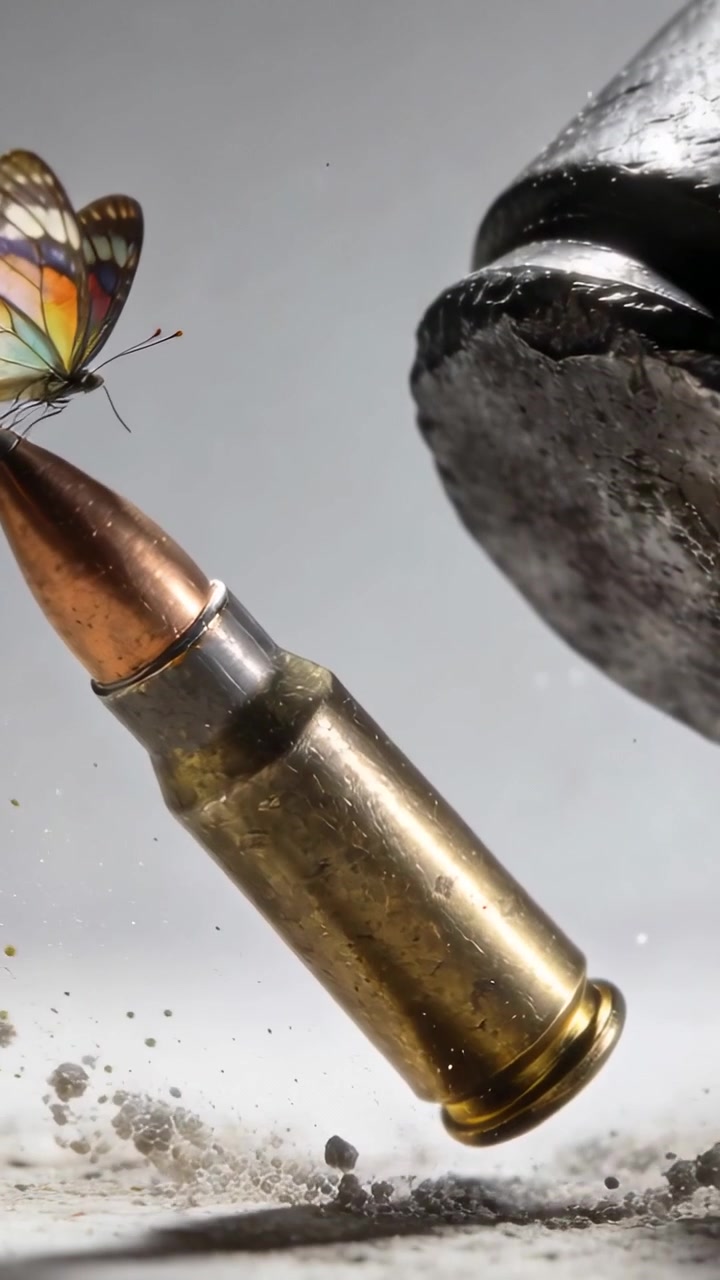 Vidéo verticale: Mâchoire de serrage mobile forçant une cartouche en laiton à basculer sur une table, papillon s'envolant