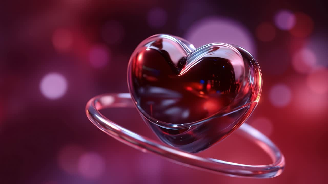 Shiny red heart floats gently in soft bokeh light. Heart reflects warmth with smooth, polished surface. Background pulses with dreamy, romantic glow. Ideal for love, valentine, or emotional moments