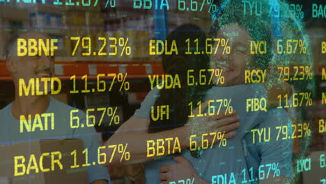 animation of financial data processing over people in warehouse