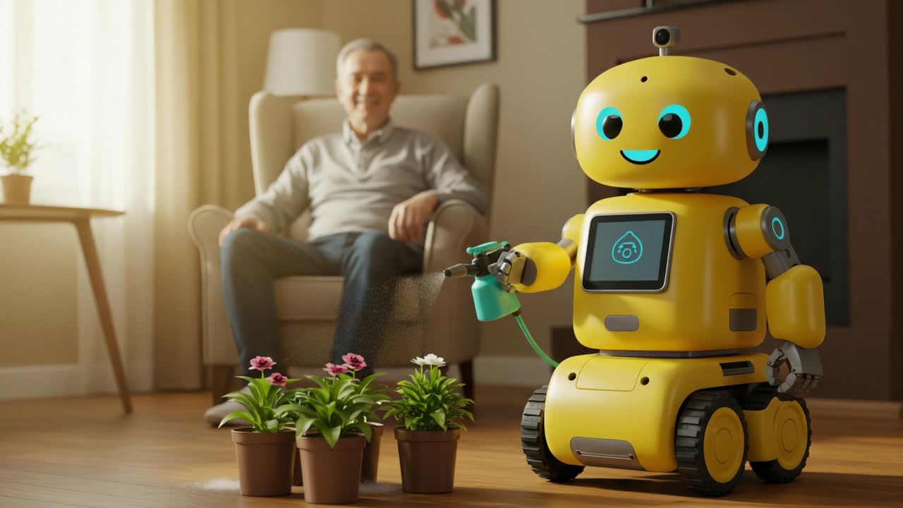 A Cheerful Robot Assists an Elderly Man in Gardening, Demonstrating the Harmony Between Technology and Nature in a Cozy Indoor Environment