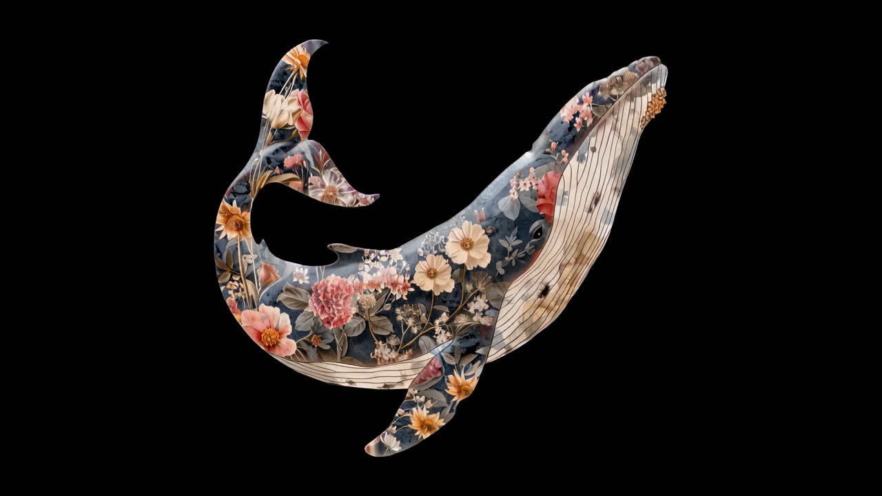Floral patterned whale illustration animation isolated asset, transparent 4K video, alpha channel