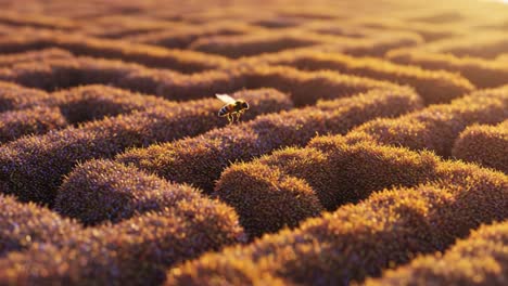 a mesmerizing scene of a bee navigating through intricate lavender maze patterns at golden hour, highlighting nature's beauty and the importance of pollinators in the ecosystem