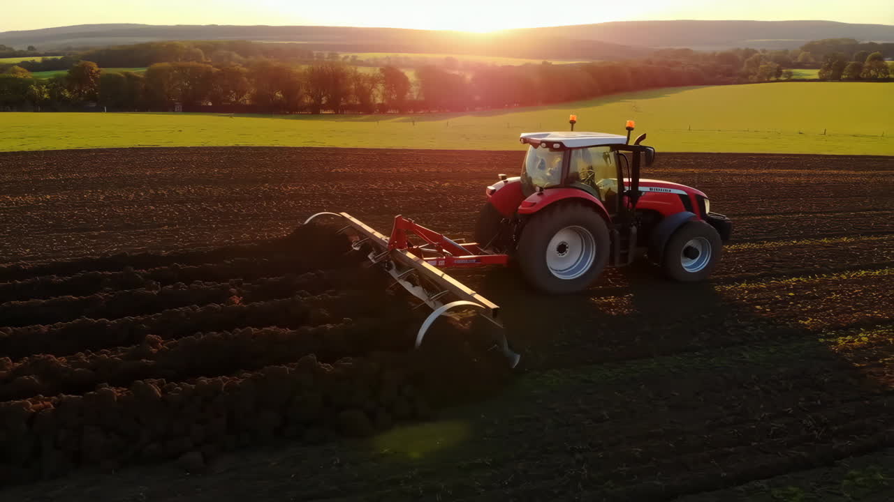 Tractor Plowing a Field at Sunset