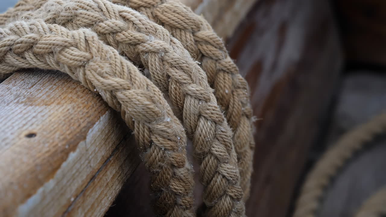Close-up of Braided Nautical Rope on Weathered Wood