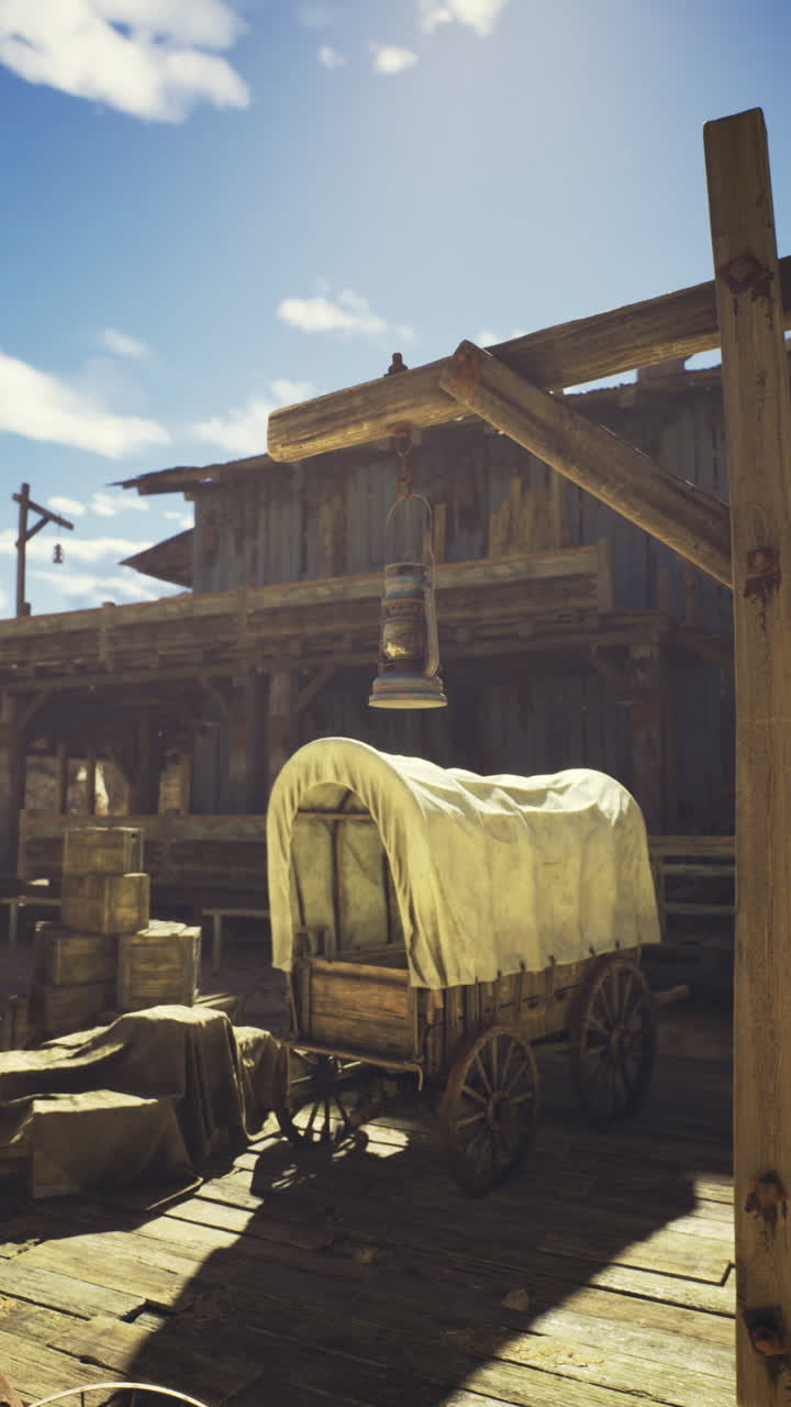Abandoned western town with wagon and wooden structures under bright sky