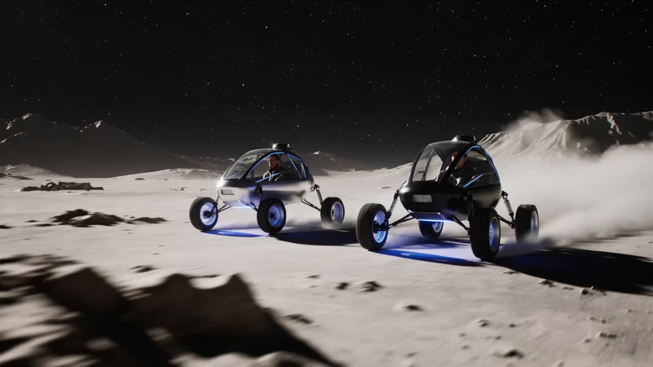Clearing outcrop drivers in suits driving lunar buggies speeding across cratered plain kicking dust