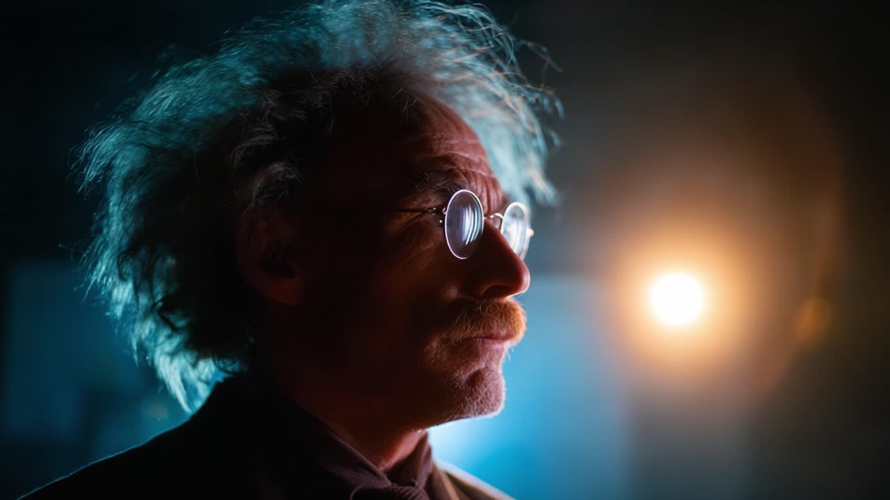 A Thoughtful Scientist Illuminated by Dramatic Lighting Contemplates Ideas Amidst a Mystical Atmosphere in an Intense Portrait showcasing Genius