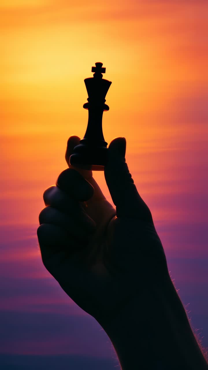 Silueta de una mano sosteniendo un rey de ajedrez contra un atardecer vibrante. Capturado desde un ángulo bajo.
