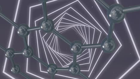 Animation-Von-3D-Mikromolekülen-Und-Neontunnel-Auf-Grauem-Hintergrund