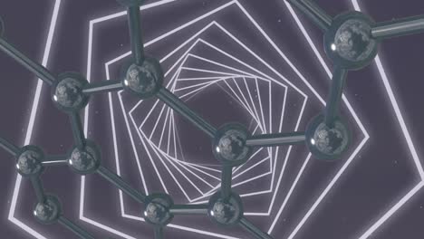 animation of 3d micro of molecules and neon tunnel on grey background