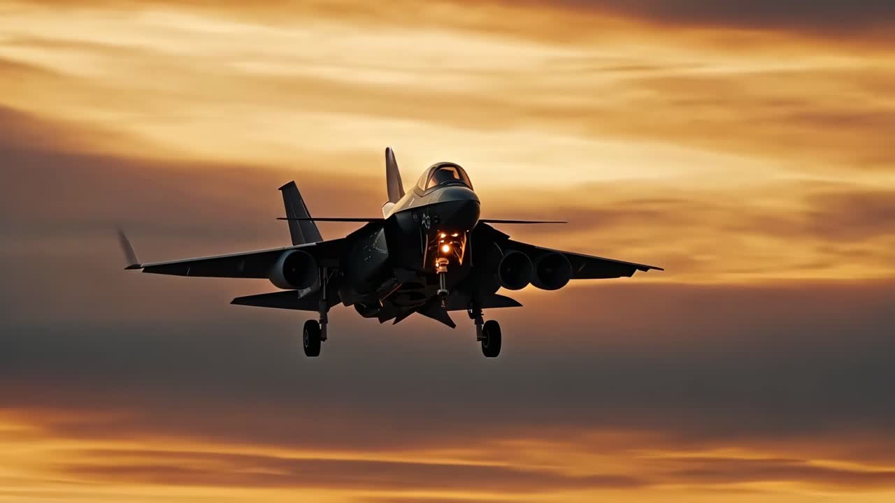 A fighter jet lands at sunset, captured from a low-angle shot, emphasizing its power and grace