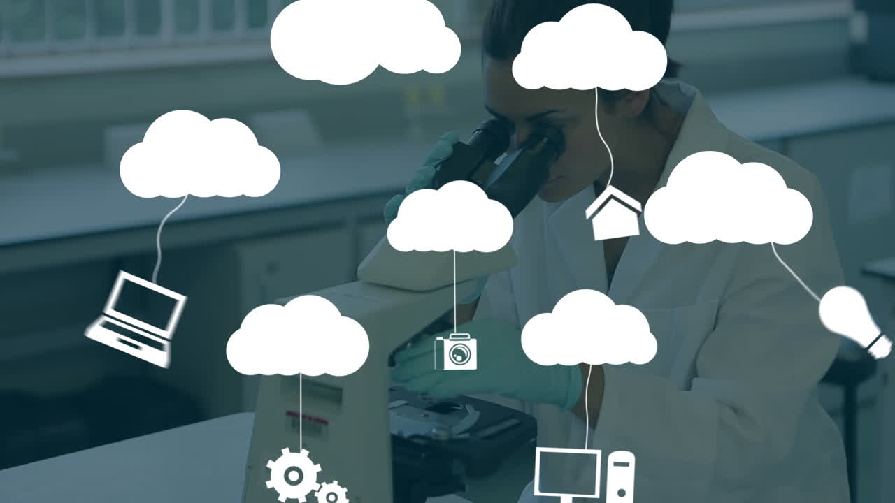 Animation of digital clouds with electronic devices over caucasian female scientist using microscope