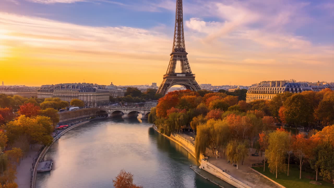 Eiffel Tower and Seine River with Autumn Foliage at Sunset in Paris