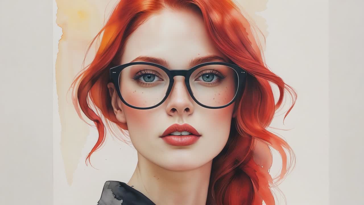 At start red-haired woman turning head in studio, showcasing braid and black round-frame glasses