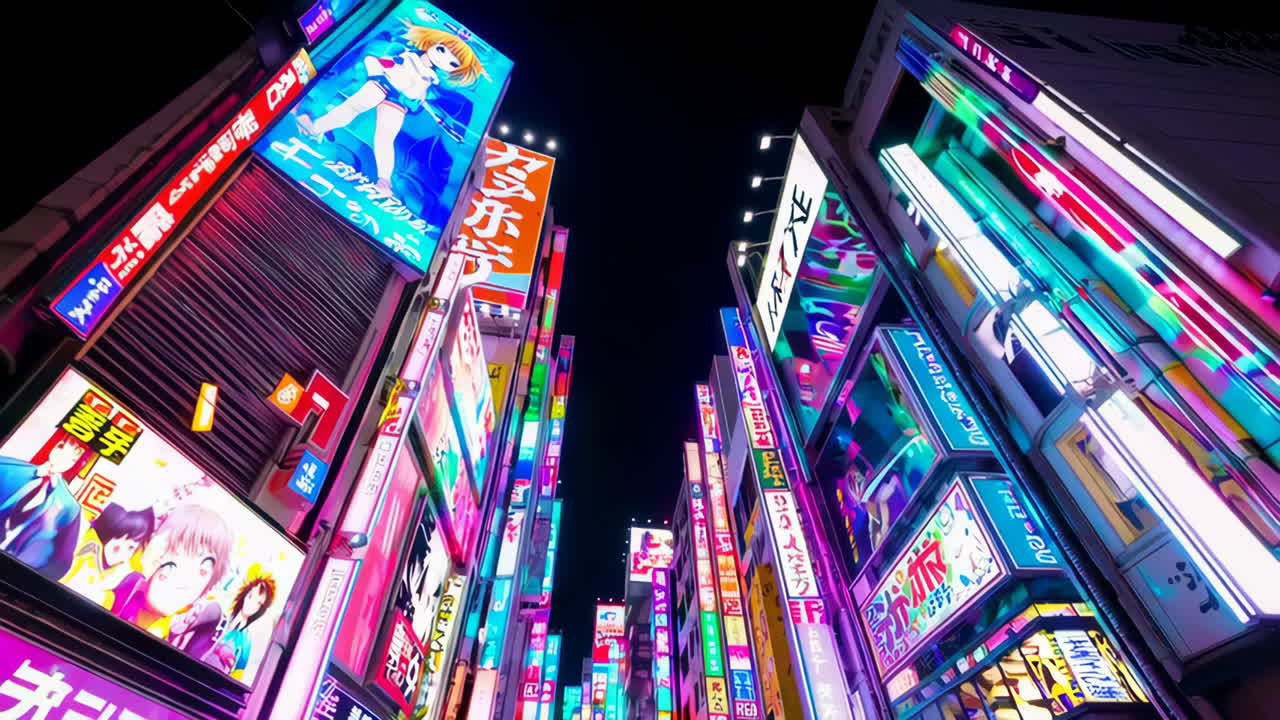 Pulserende Tokyos natteliv med blændende neon og anime-reklamer