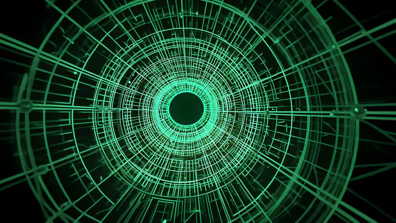 Expanding neon green wireframe tunnel moving into void, showing concentric rings and radial beams
