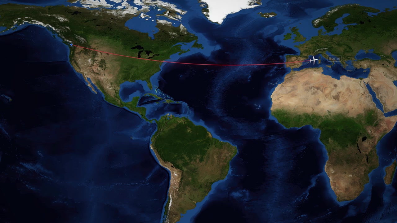 Ruta de vuelo animada de avión de Vancouver a Roma en un mapamundi