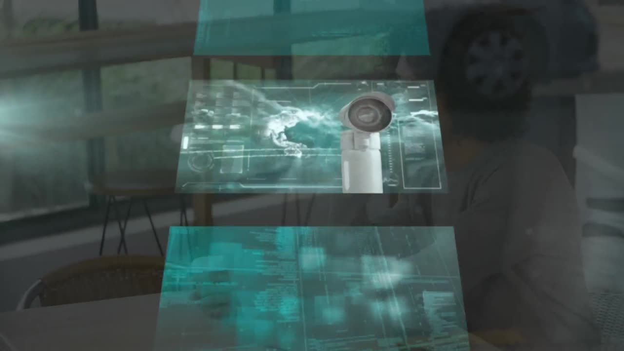 animación del procesamiento de datos financieros en pantallas sobre el hombre de negocios en la oficina