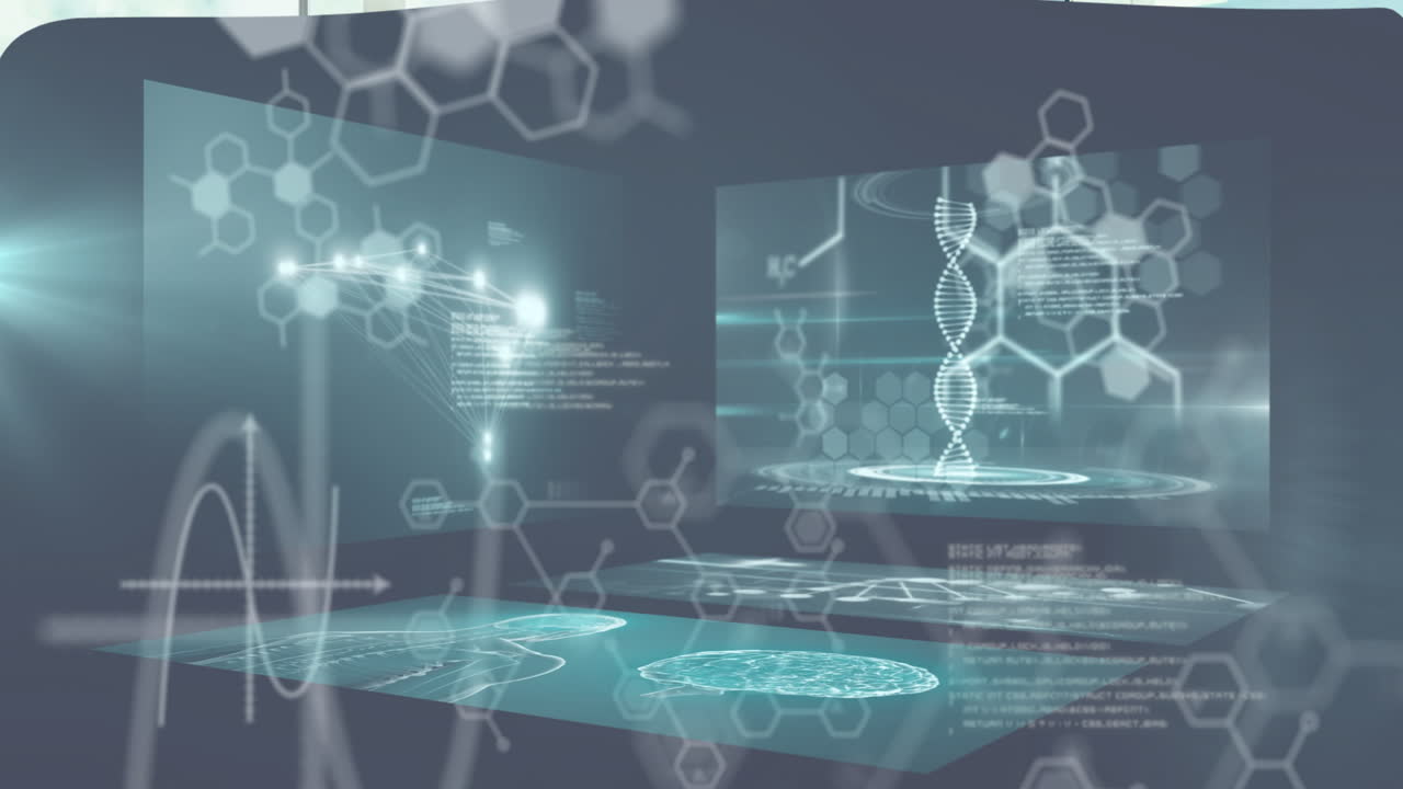 디지털 인터페이스를 통해 dna 스트랜드 및 과학 데이터 처리 애니메이션