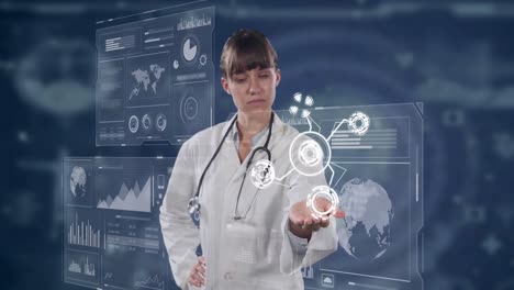 Animation-of-caucasian-female-doctor-with-icons-over-digital-screens-with-diverse-data