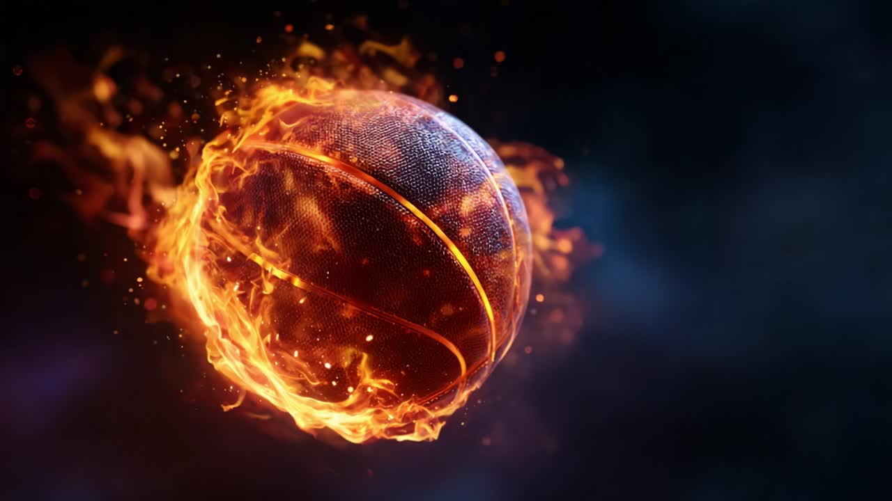 A mesmerizing display of a basketball enveloped in fiery flames, illustrating the dynamic energy and passion of the sport, as it rockets through a dramatic backdrop of smoke and light, symbolizing power and intensity