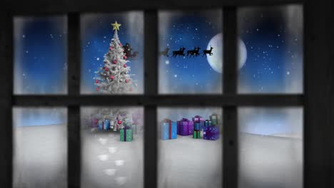 Wooden-window-frame-against-snow-falling-over-christmas-tree-and-gifts-on-winter-landscape