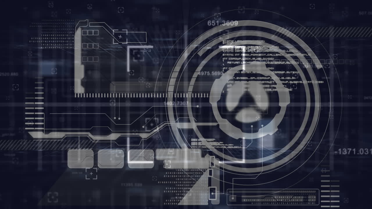 Animation of data processing and scope scanning on black background