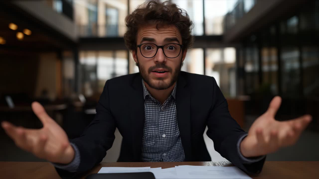 Surprised businessman in modern office setting