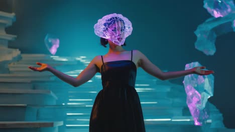 futuristic woman with glowing mask on stairs