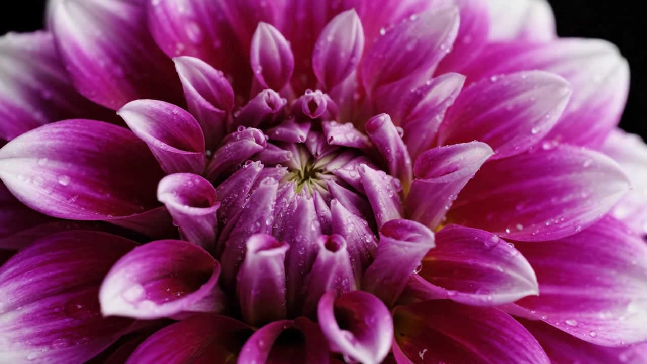 Primo Piano Mozzafiato di un Vibrante Fiore di Dalia Rosa con Gocce di Rugiada Che Cattura i Petali Intricati e la Ricca Palette di Colori su uno Sfondo Scuro