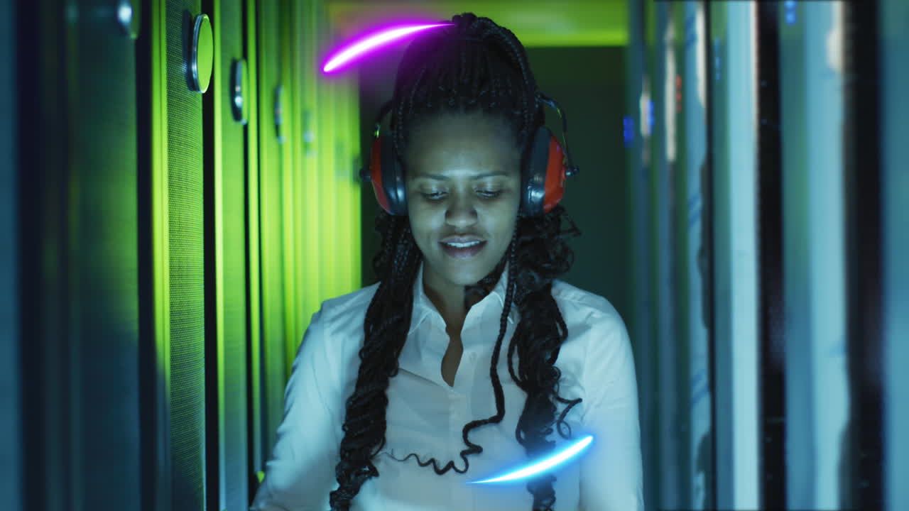 Animation of data processing over african american female it engineer and computer servers