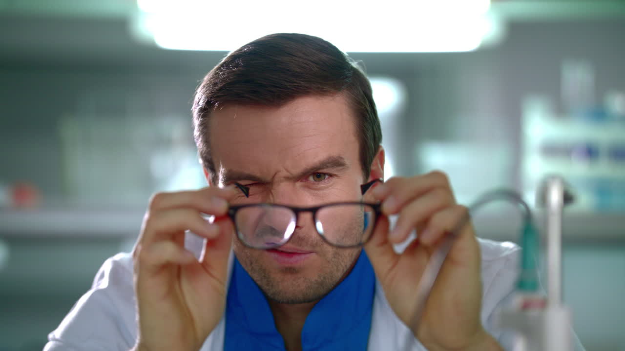 médico mirando a través de gafas. el investigador entrecierra los ojos sosteniendo gafas en las manos