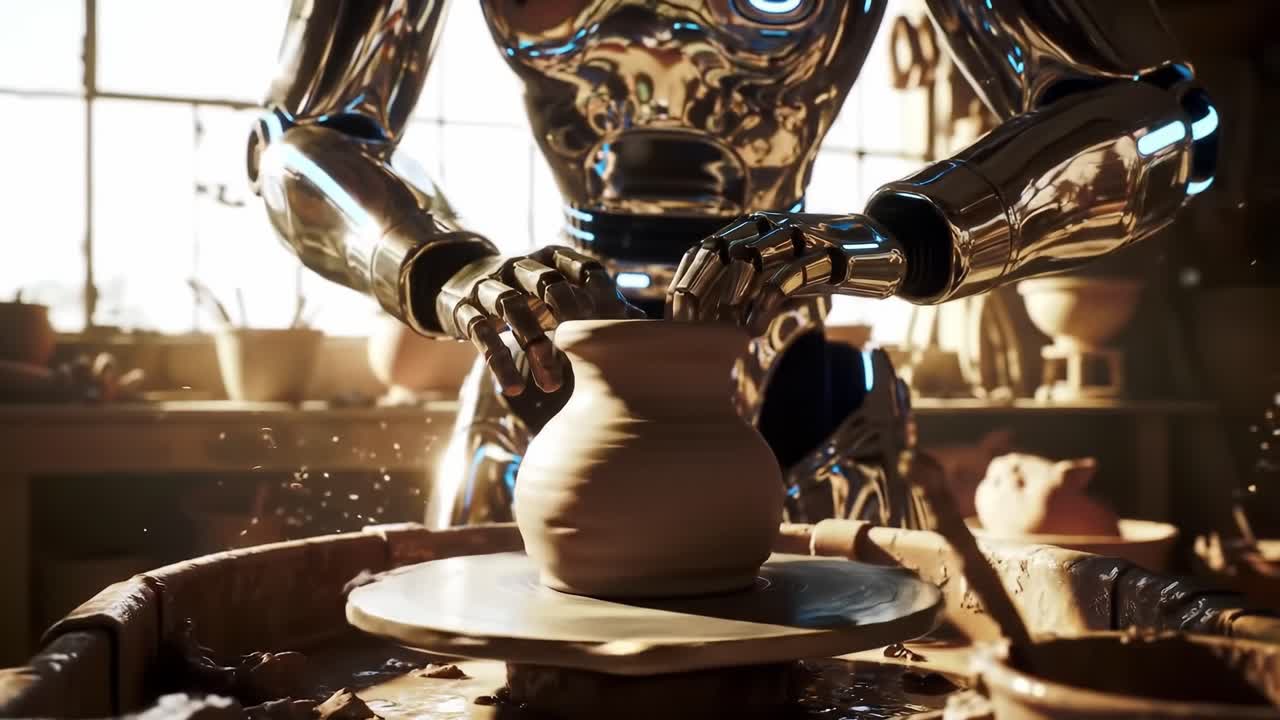 In a sunlit workshop, a shiny robot expertly shapes clay into an elegant pot. The activity highlights the fusion of technology and traditional art, showcasing innovation in crafting.