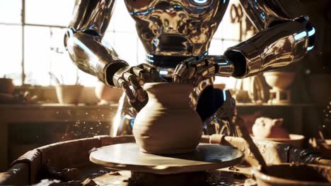 in a sunlit workshop, a shiny robot expertly shapes clay into an elegant pot. the activity highlights the fusion of technology and traditional art, showcasing innovation in crafting.