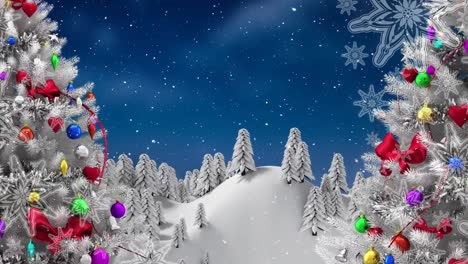 Animation-of-snow-falling-over-christmas-trees-and-winter-landscape