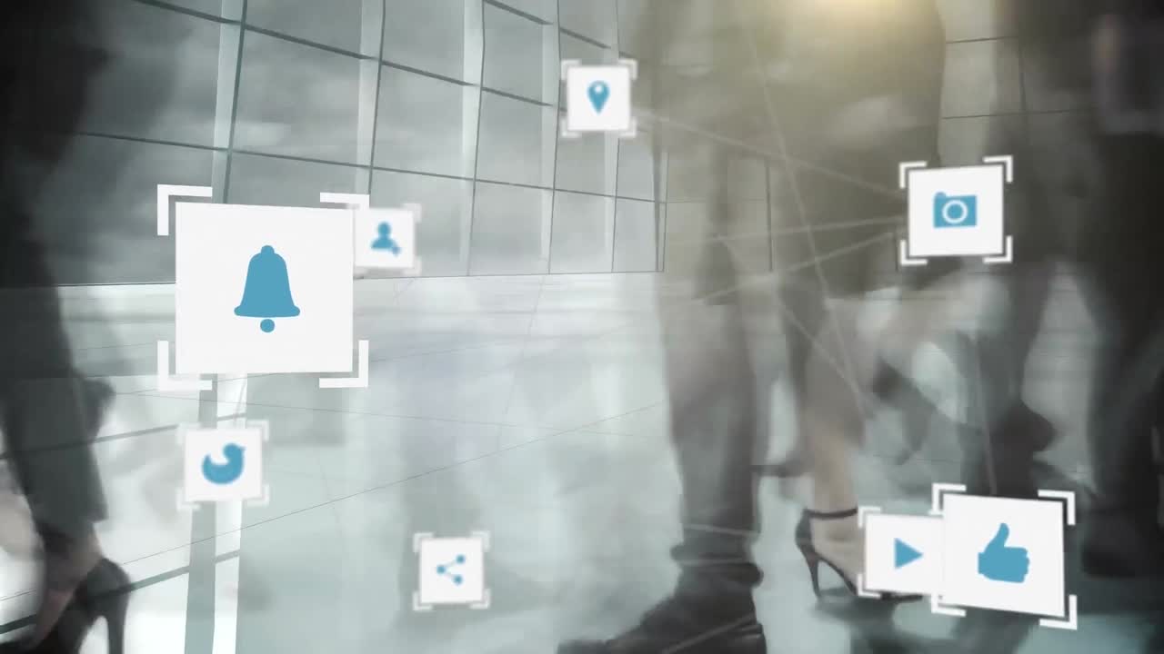 사무실에서 걸어 다니는 비즈니스 사람들 위에 아이콘과 연결 네트워크의 애니메이션