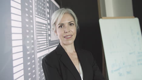 confident female finance professional posing near big screen