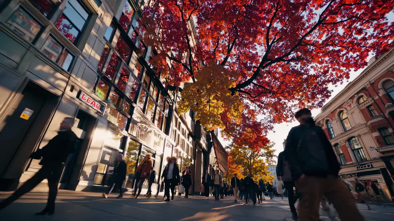 Vibrant city street scene with autumn leaves, captured from a low angle