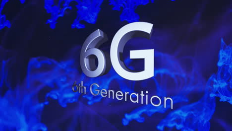 animación de texto de 6g 6a generación sobre líquido azul sobre fondo negro